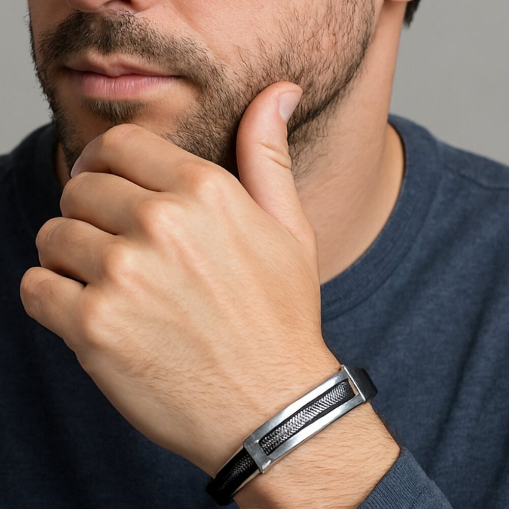 Men’s Spiral Stripe Silver Tone Bangle Bracelet Stainless Steel Rubber 8½" New